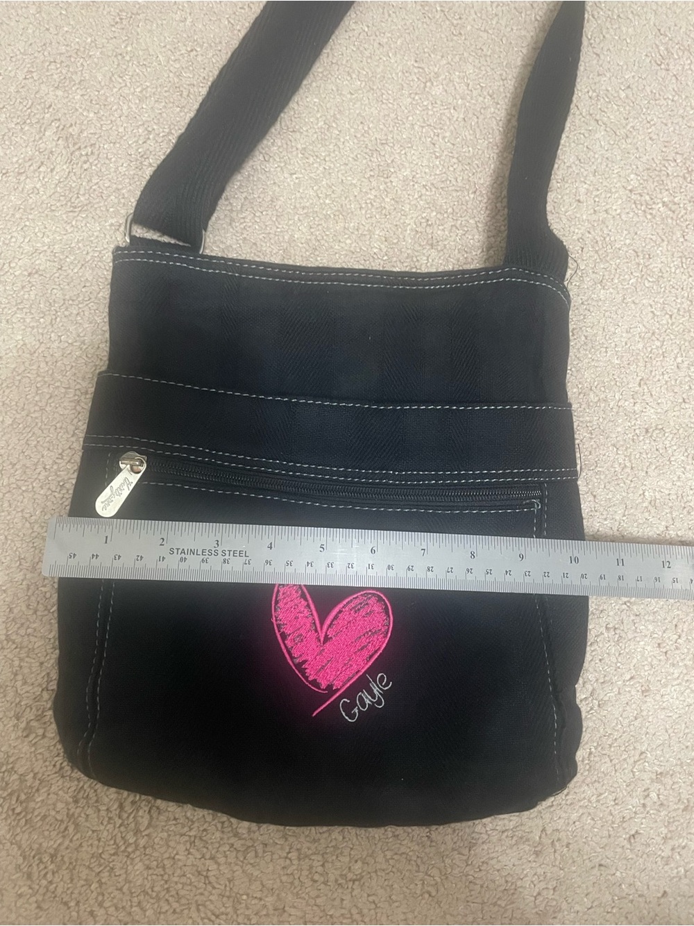 Thirty One Black Crossbody Bag with Pink Heart Accent